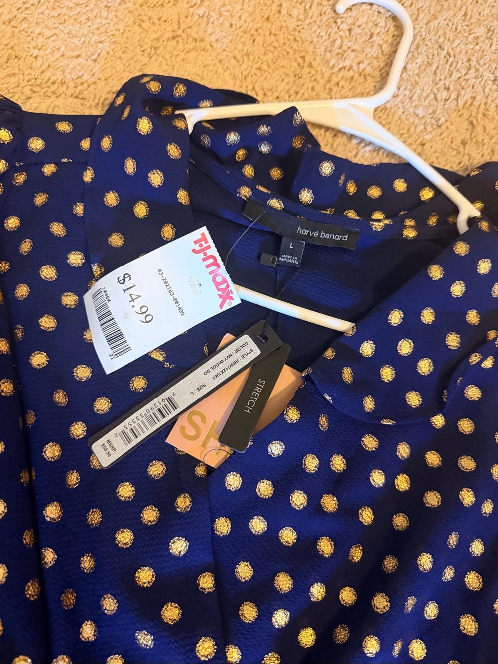 Harve Benard Navy and Gold Polka Dot Peplum Wrap Blouse